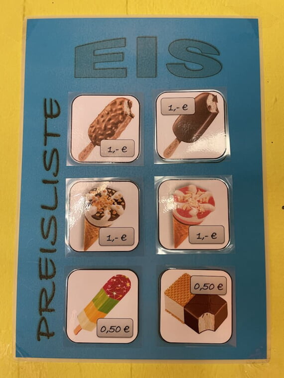 6 Eissorten und ihre Preise, 50 Cent und 1 Euro pro Eis je nach Sorte