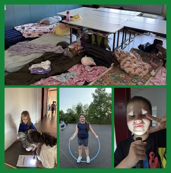 4 Fotos von der Lesenacht, das Schlaflager, Kinder bei der Schulhaus-Staffel und auf dem Pausenhof