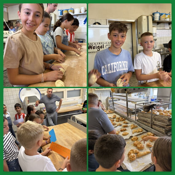 4 Fotos vom Ausflug zur Bäckerei, Teiglinge formen, Bäcker Fragen stellen