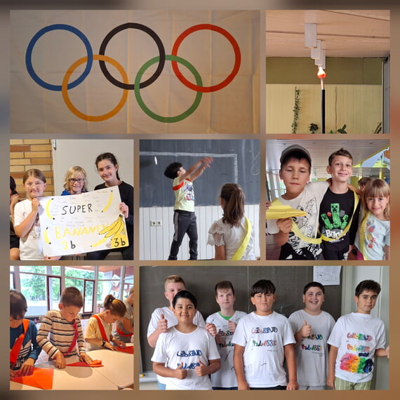 Collage aus 7 Fotos von der Spaßolympiade, Wettkämpfe, Olympische Zeichen wie das Feuer oder die Ringe, Klassengemeinschaft