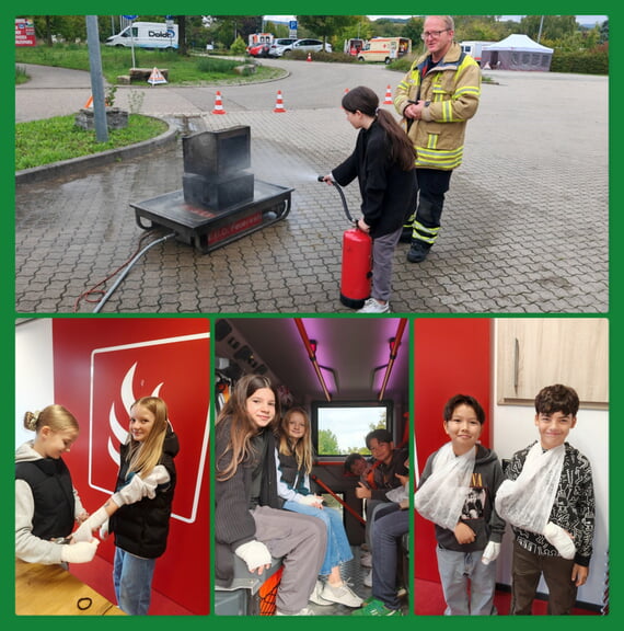 Collage aus 4 Fotos vom Löschen und 1. Hilfe beim Blaulichttag