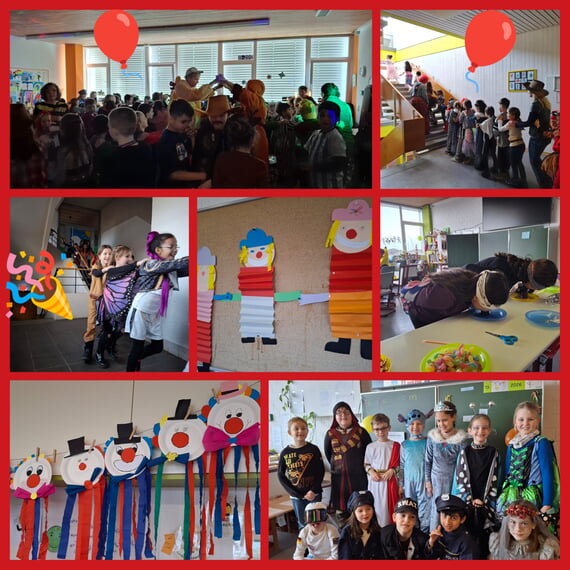 Collage aus 7 Fotos vom gro&szlig;en Faschingstag an der Schule (Disco, Clown-Dekorationen, Polonaise, Klasse 2c)