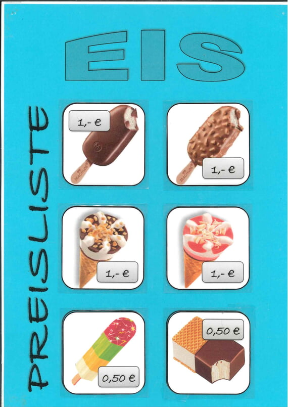 6 Eis auf Plakat, Kosten 0,50 oder 1 Euro
