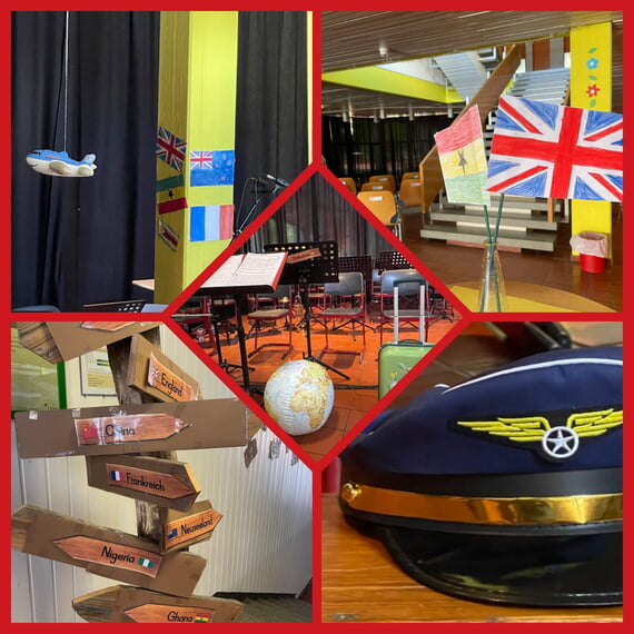 Collage Dekoration im Konzertsaal, Flugzeug, Globus, Flaggen, Reisekoffer